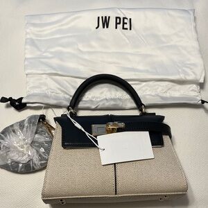 JW PEI Elise Faux Leather Black and Canvas Top Handle Bag w/Crossbody Strap